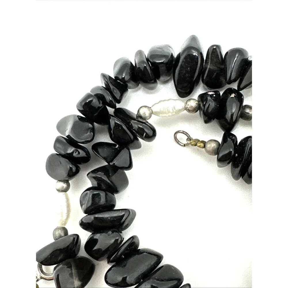 Vintage Black Onyx Quartz Bead Necklace Faux Pearl 925 Sterling Silver Clasp 19